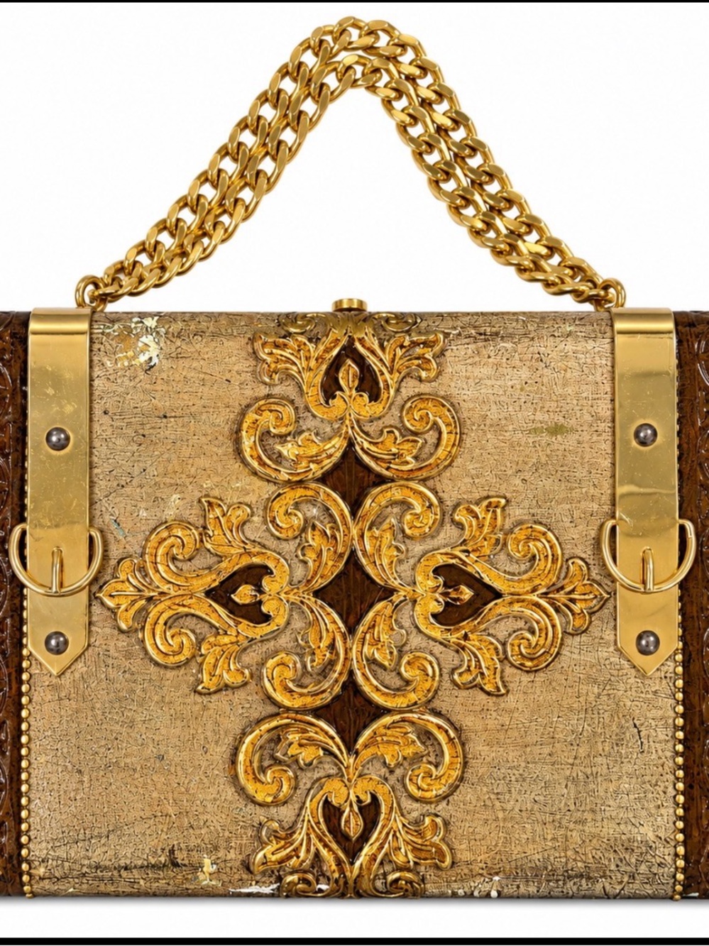 Gold Ornate wood Crossbody Clutch Bag Chain Strap Block brand made in Italy